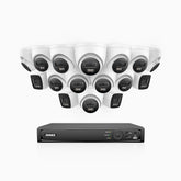 H800 - Kit de surveillance PoE 4K à 16 canaux avec 4 caméras bullet et 12 caméras tourelle, vision nocturne en couleur et infrarouge, Détection de personnes et de véhicules, Microphone intégré, Champ de vision de 96°, RTSP et ONVIF pris en charge